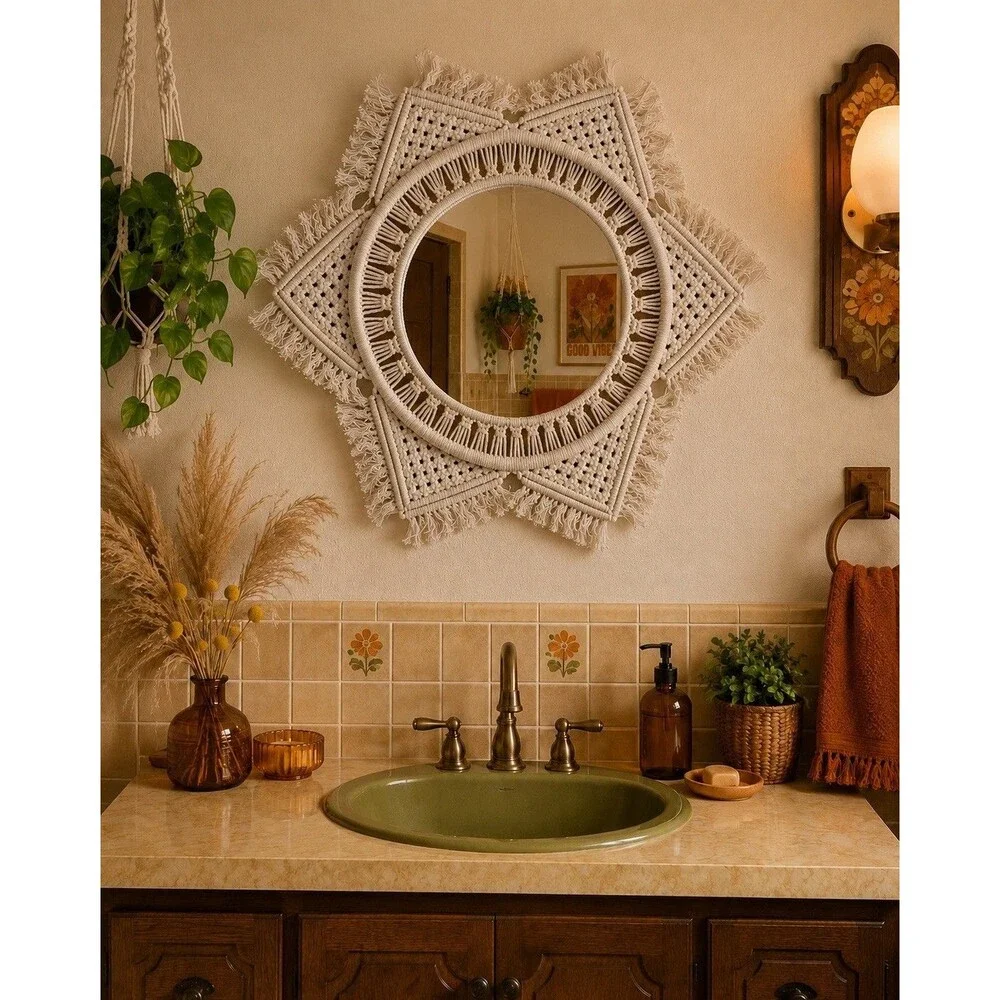 Boho Macrame Wall Mirror Round Fringe Woven Cotton Decor 20” Handmade Chic Home